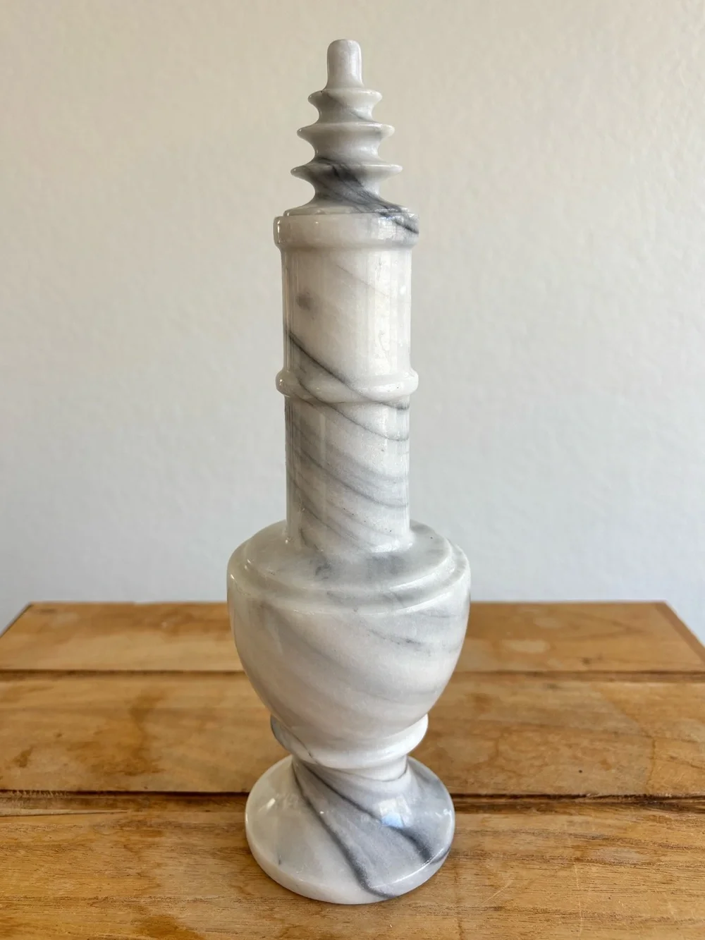 Vintage Marble Decanter Pagoda Stopper White Gray Stone Barware MCM Genie Bottle